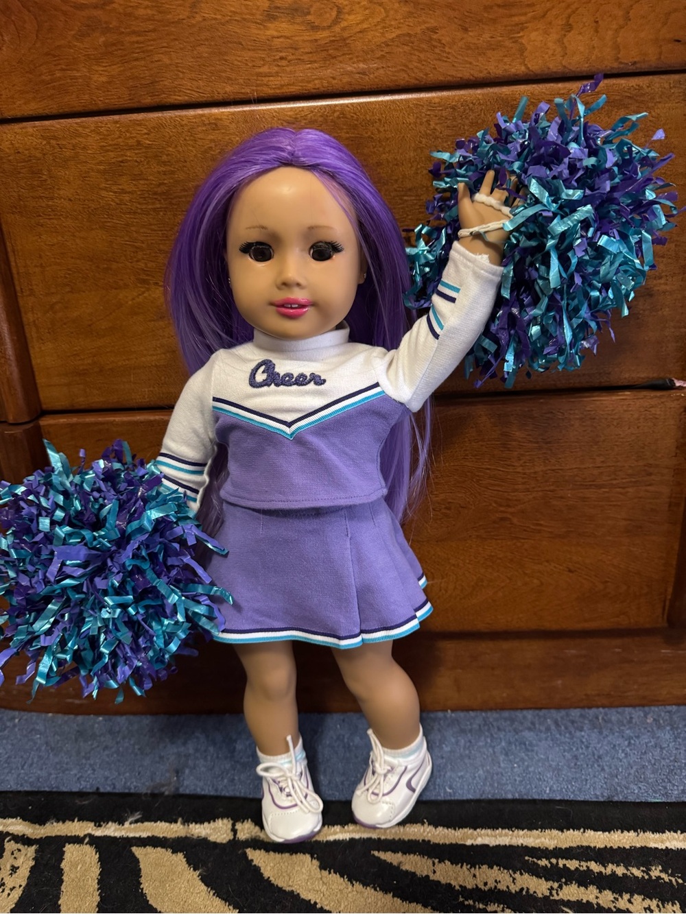 American Girl Purple Cheerleader Doll with Teal-Blue Pom Poms